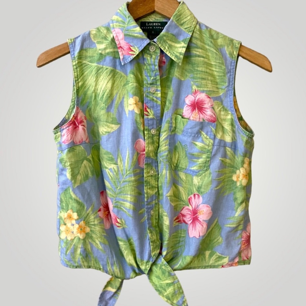 Y2K Aloha Lauren Ralph Lauren Linen Tie Front Pastel Floral Size 6